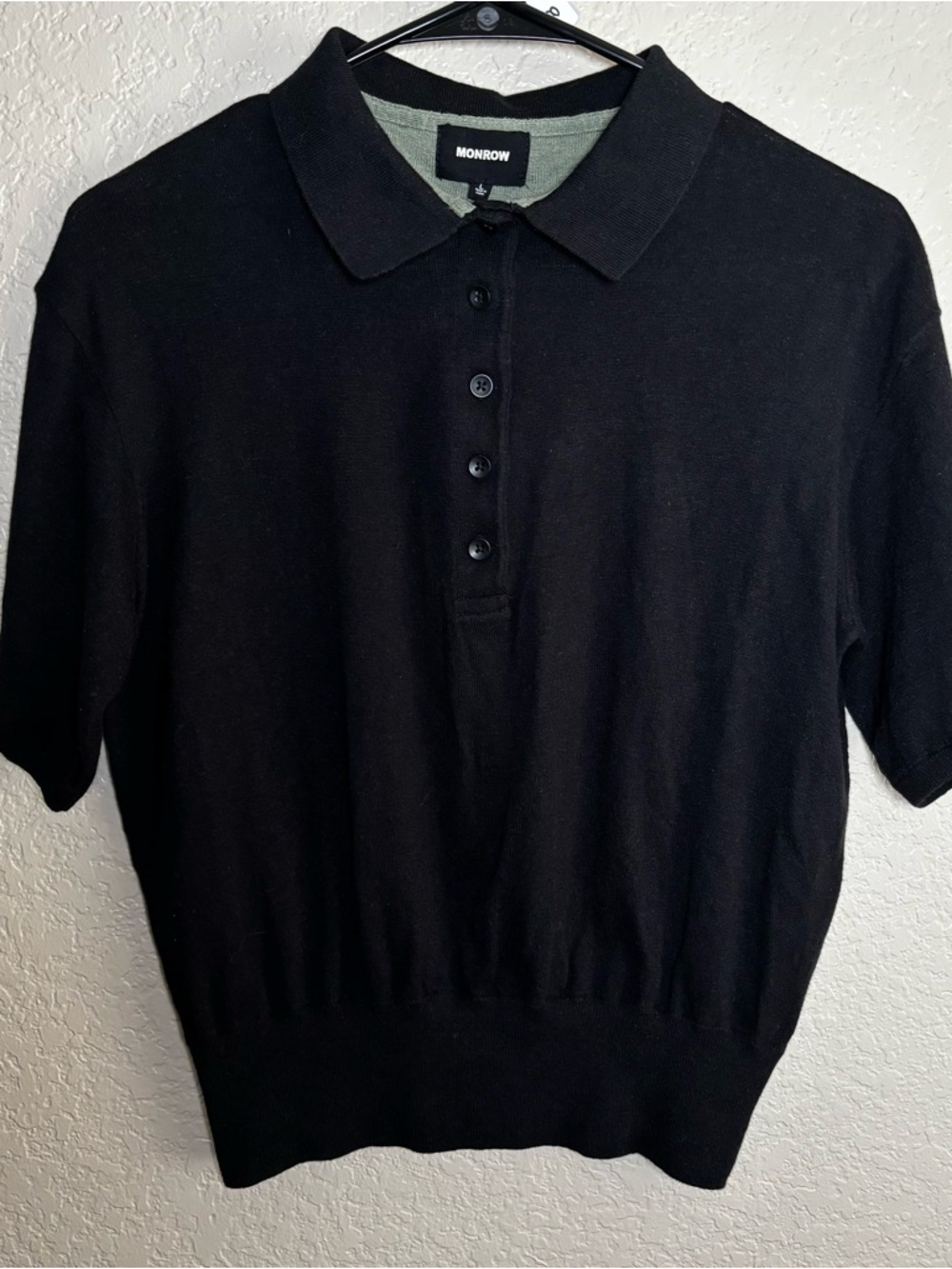Monrow Black Polo Knit Top with Green Lining